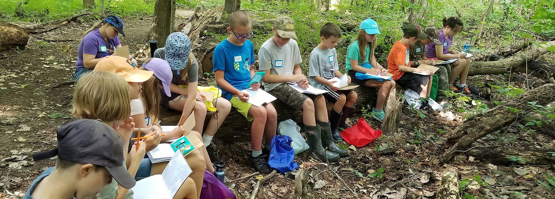 Slideshow Image - Elementary aged children sitting on a log nature journaling